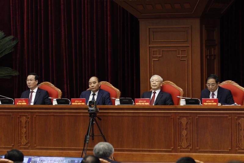 Tổng Bí thư Nguyễn Phú Trọng cùng các đồng chí lãnh đạo Đảng và Nhà nước chủ trì hội nghị - Ảnh: ĐCS