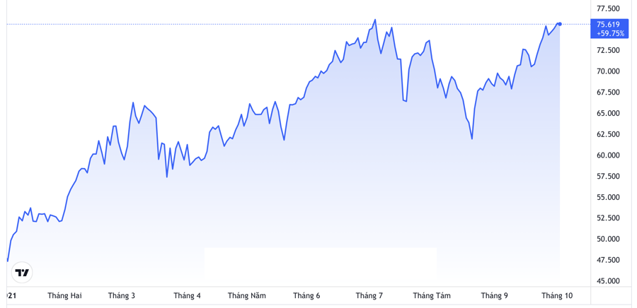Diễn biến giá dầu WTI giao sau tại thị trường New York từ đầu năm đến nay. Đơn vị: USD/thùng - Nguồn: Trading View.